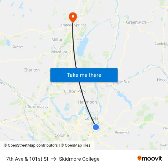 7th Ave & 101st St to Skidmore College map