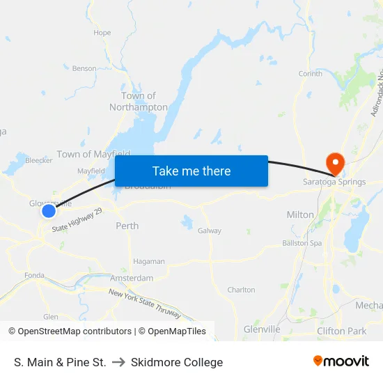 S. Main & Pine St. to Skidmore College map