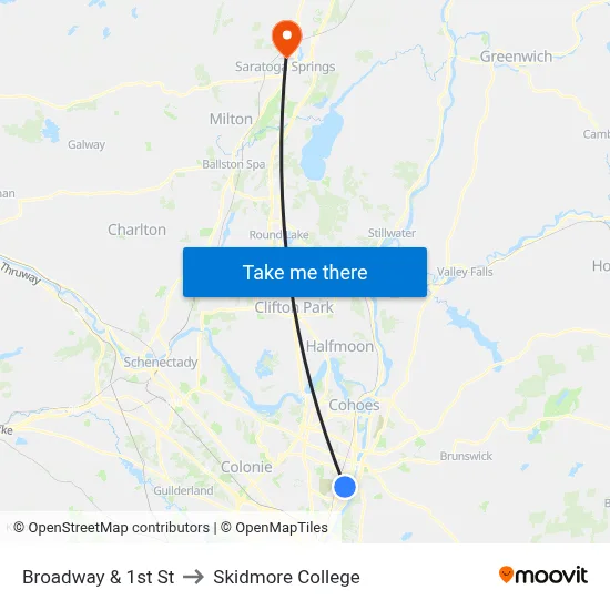 Broadway & 1st St to Skidmore College map