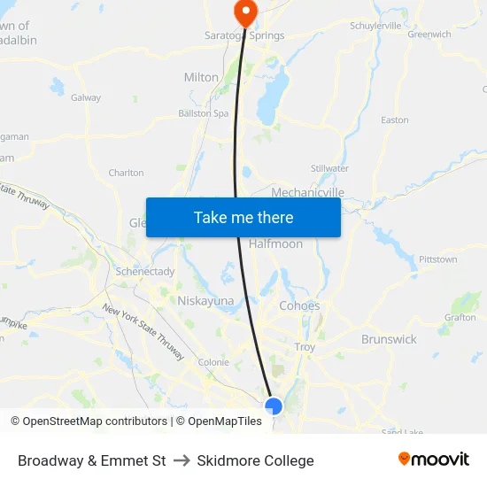 Broadway & Emmet St to Skidmore College map