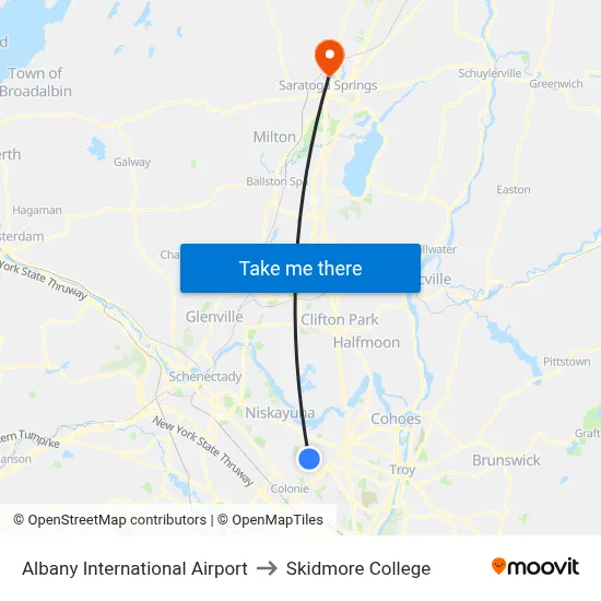 Albany International Airport to Skidmore College map