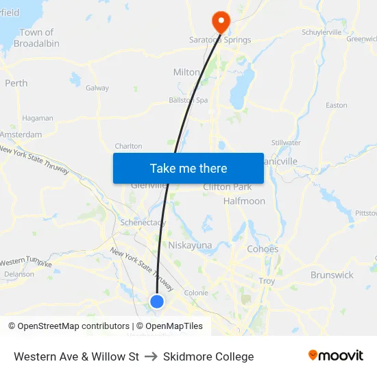 Western Ave & Willow St to Skidmore College map