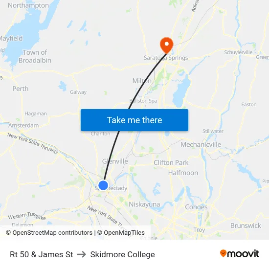 Rt 50 & James St to Skidmore College map