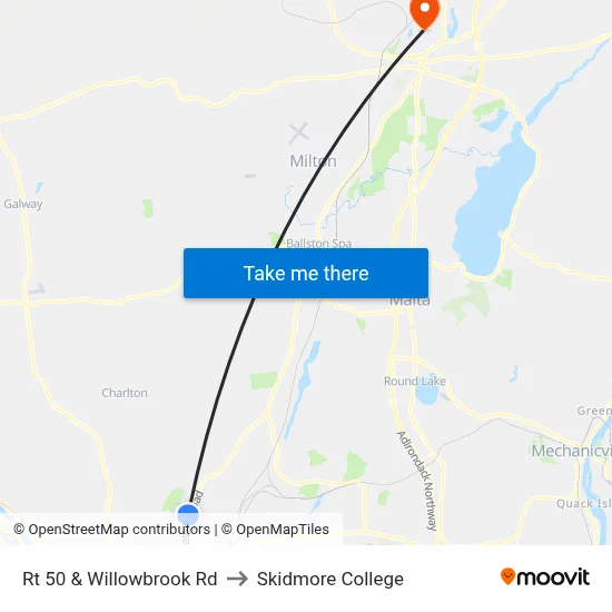 Rt 50 & Willowbrook Rd to Skidmore College map