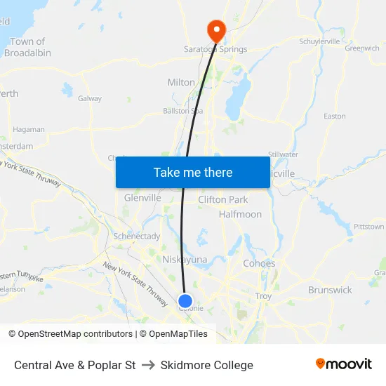 Central Ave & Poplar St to Skidmore College map