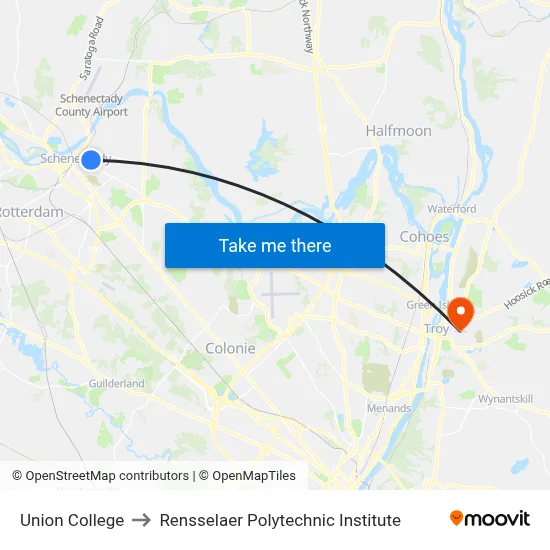 Union College to Rensselaer Polytechnic Institute map
