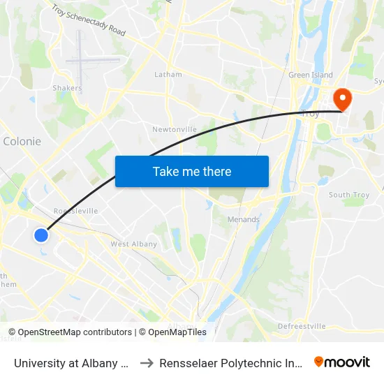 University at Albany SUNY to Rensselaer Polytechnic Institute map