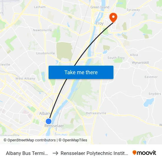 Albany Bus Terminal to Rensselaer Polytechnic Institute map