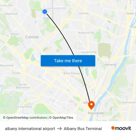 albany international airport to Albany Bus Terminal map