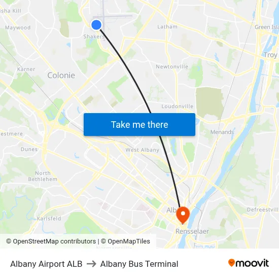 Albany Airport ALB to Albany Bus Terminal map
