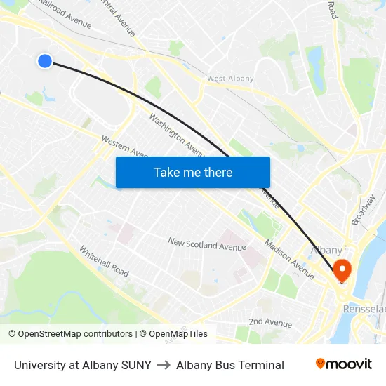 University at Albany SUNY to Albany Bus Terminal map