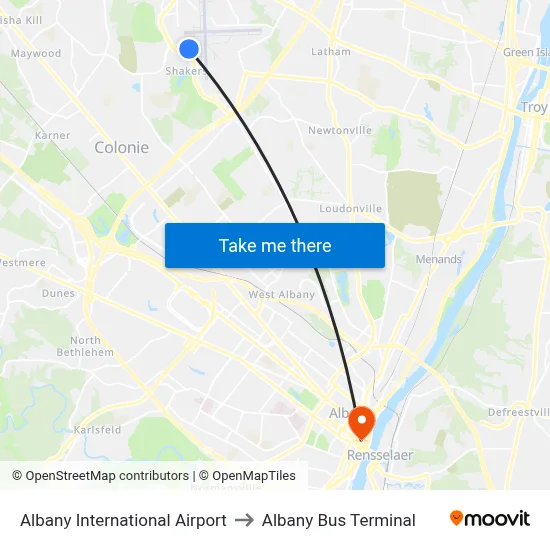Albany International Airport to Albany Bus Terminal map