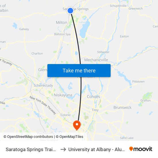 Saratoga Springs Train Station to University at Albany - Alumni Quad map