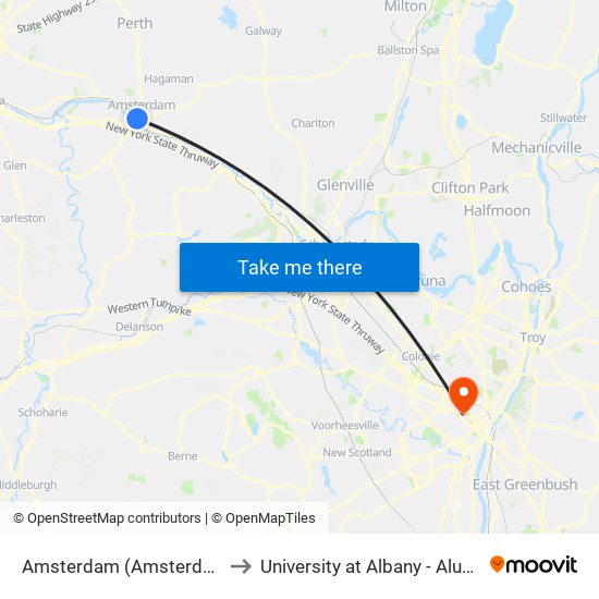 Amsterdam (Amsterdam Mall) to University at Albany - Alumni Quad map