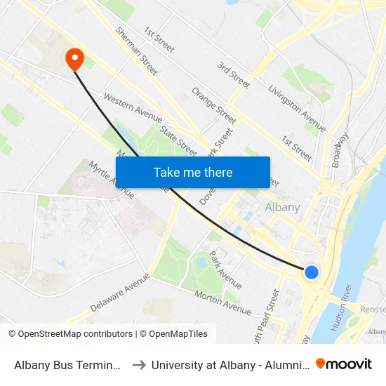 Albany Bus Terminal, NY to University at Albany - Alumni Quad map