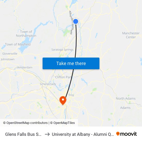 Glens Falls Bus Stop to University at Albany - Alumni Quad map