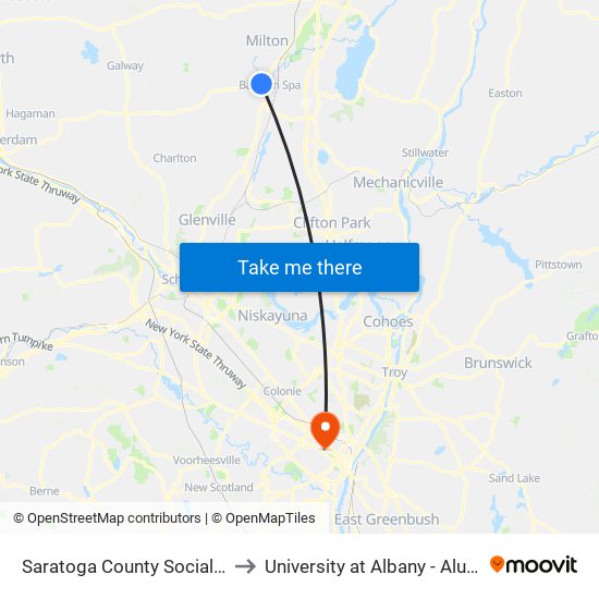 Saratoga County Social Services to University at Albany - Alumni Quad map