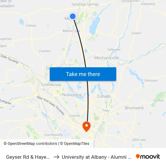 Geyser Rd & Hayes Dr to University at Albany - Alumni Quad map