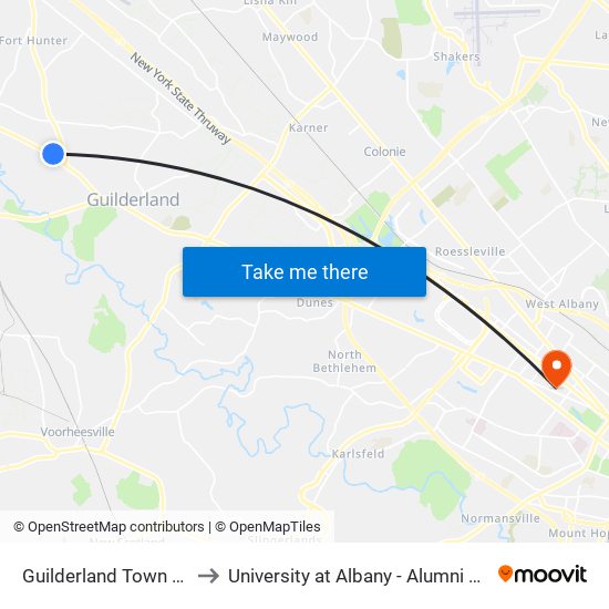 Guilderland Town Hall to University at Albany - Alumni Quad map