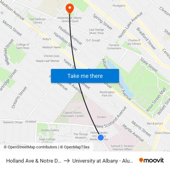 Holland Ave & Notre Dame Dr to University at Albany - Alumni Quad map