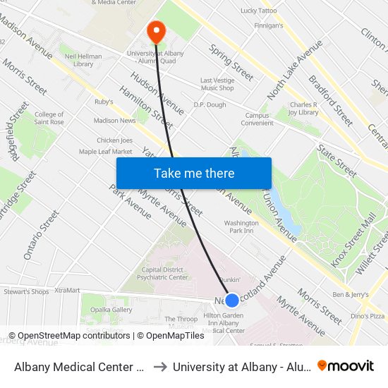 Albany Medical Center Building C to University at Albany - Alumni Quad map