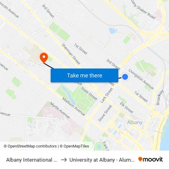 Albany International Center to University at Albany - Alumni Quad map