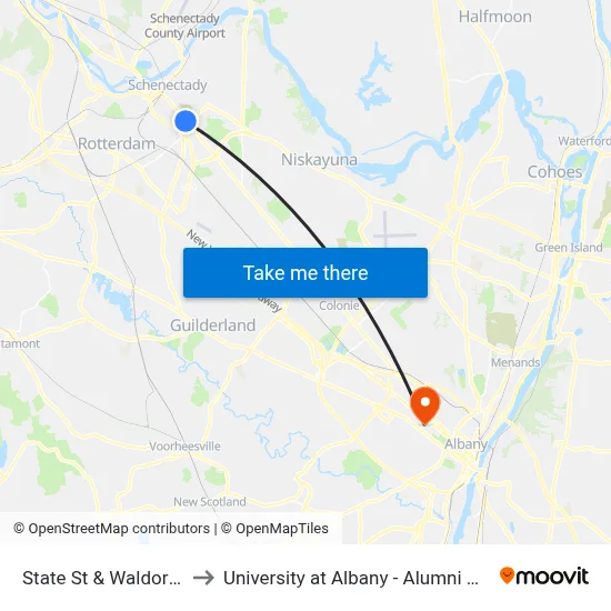 State St & Waldorf Pl to University at Albany - Alumni Quad map