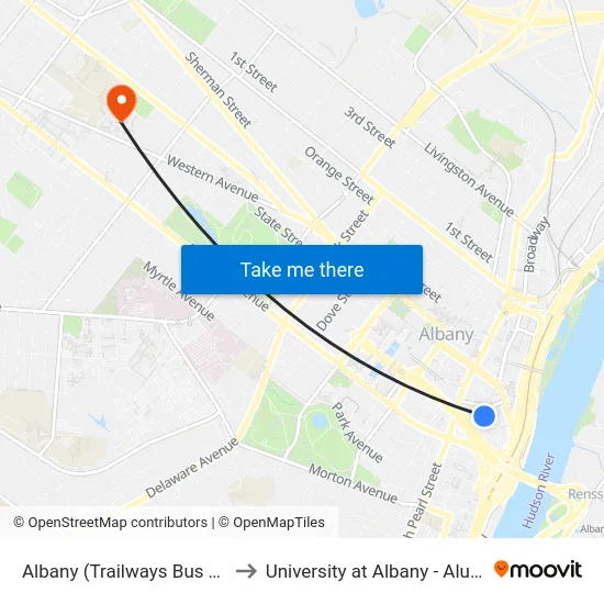 Albany (Trailways Bus Terminal) to University at Albany - Alumni Quad map