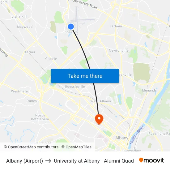 Albany (Airport) to University at Albany - Alumni Quad map