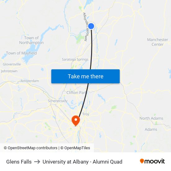 Glens Falls to University at Albany - Alumni Quad map