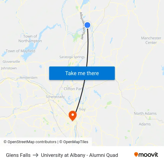Glens Falls to University at Albany - Alumni Quad map