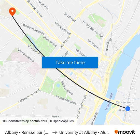 Albany - Rensselaer (Amtrak) to University at Albany - Alumni Quad map