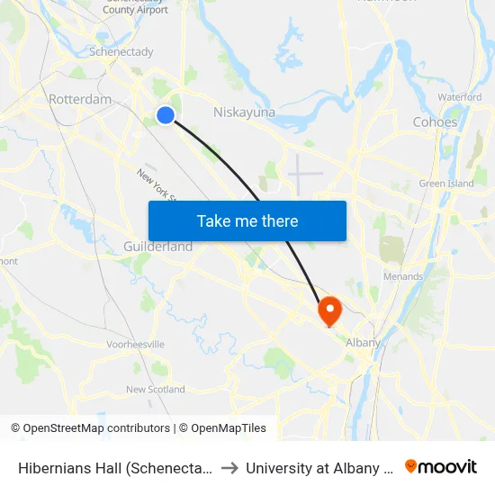 Hibernians Hall (Schenectady Senior Center) to University at Albany - Alumni Quad map