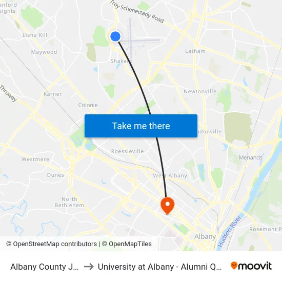 Albany County Jail to University at Albany - Alumni Quad map