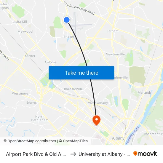 Airport Park Blvd & Old Albany Shaker Rd to University at Albany - Alumni Quad map