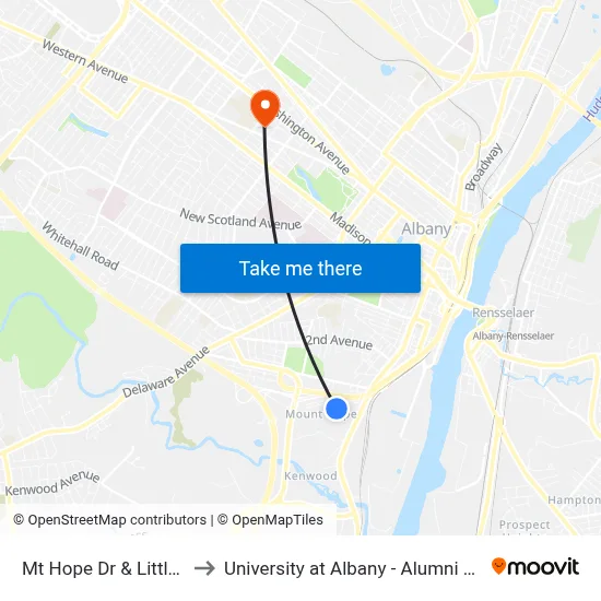 Mt Hope Dr & Little Dr to University at Albany - Alumni Quad map