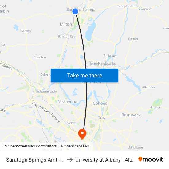 Saratoga Springs Amtrak Station to University at Albany - Alumni Quad map