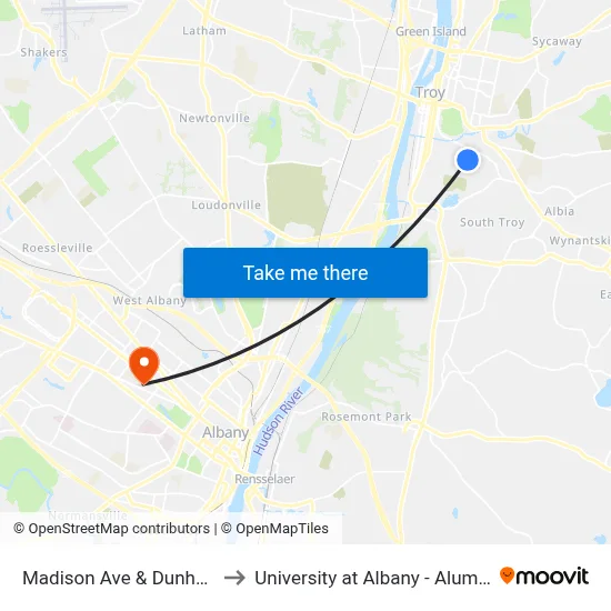 Madison Ave & Dunham Ave to University at Albany - Alumni Quad map