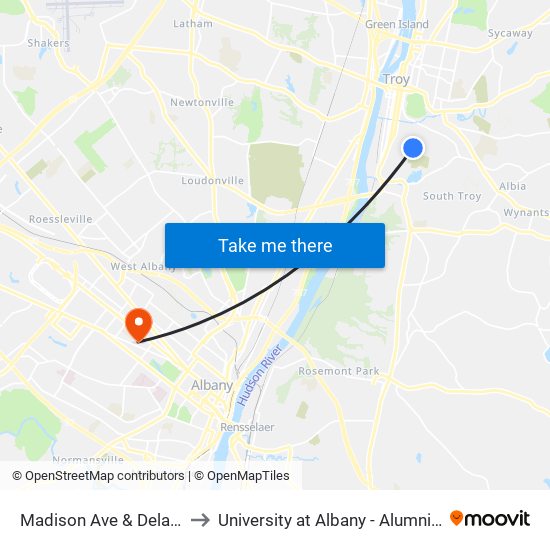 Madison Ave & Delaware to University at Albany - Alumni Quad map