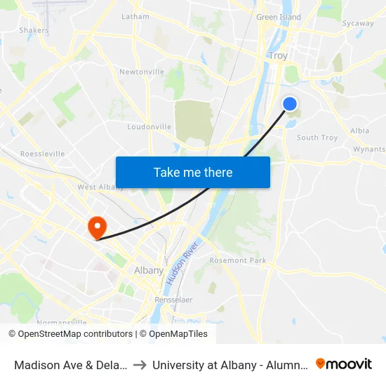 Madison Ave & Delaware to University at Albany - Alumni Quad map