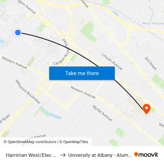 Harriman West/Etec Station to University at Albany - Alumni Quad map