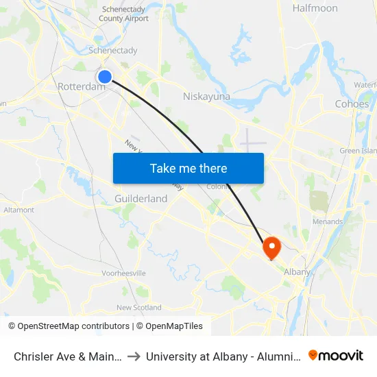Chrisler Ave & Main Ave to University at Albany - Alumni Quad map