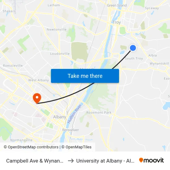 Campbell Ave & Wynanstskill Way to University at Albany - Alumni Quad map