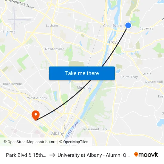 Park Blvd & 15th St to University at Albany - Alumni Quad map