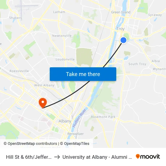 Hill St & 6th/Jefferson to University at Albany - Alumni Quad map