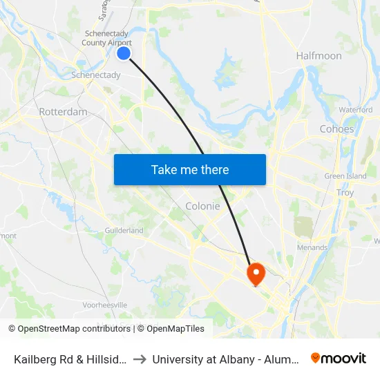 Kailberg Rd & Hillside Ave to University at Albany - Alumni Quad map