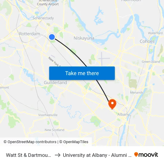 Watt St & Dartmouth St to University at Albany - Alumni Quad map
