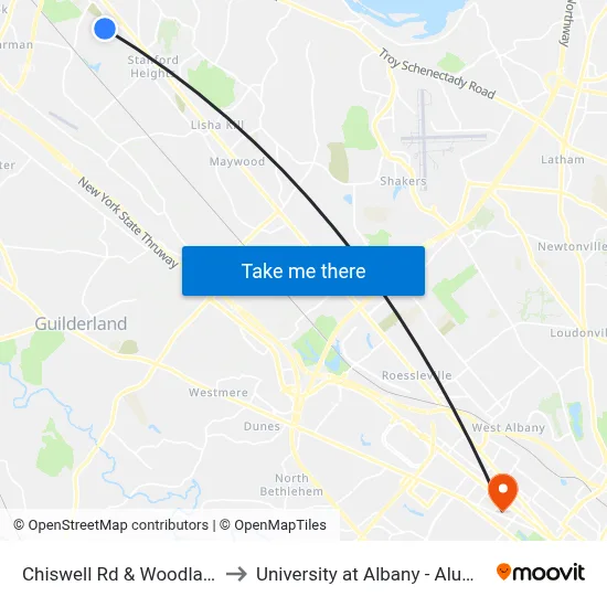 Chiswell Rd & Woodlawn Ave to University at Albany - Alumni Quad map