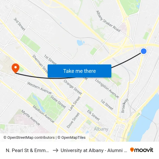 N. Pearl St & Emmet St to University at Albany - Alumni Quad map