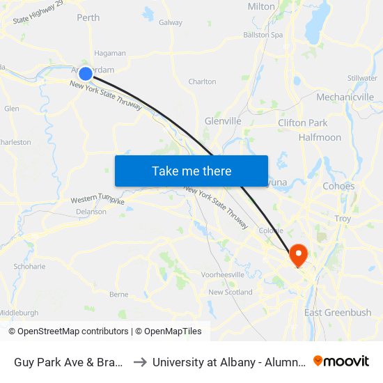 Guy Park Ave & Brandt Pl to University at Albany - Alumni Quad map